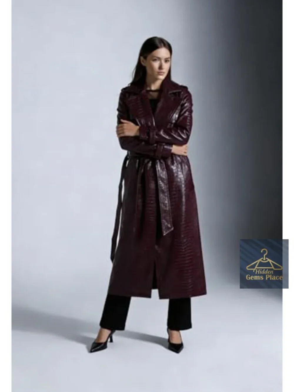 Womens Long Faux Leather Trench Coat with Belt